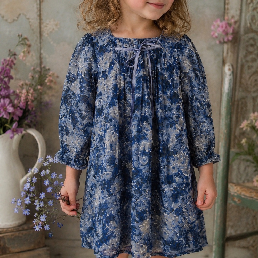 Girls April Cornell Dress‎ Blue Floral Rayon Lined Crochet Trim Toddler Size 2/3 - Picture 8 of 8